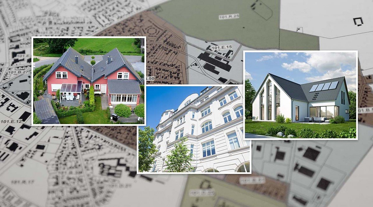 Hausfotos vor Karte mit Grundst�cken